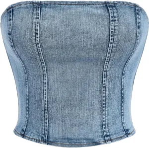 GORGLITTER Women's Denim Corset Top Zip Up Back Strapless Denim Tube Top Sleeveless Fitted Y2K Crop Denim Top