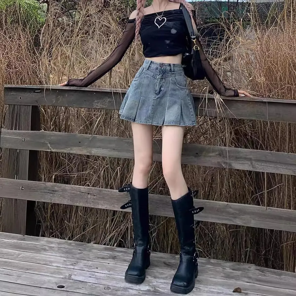 Gothic Denim Short Skirt Spicy Girl high Waisted A-line Pleated Denim Skirt Women's Summer Denim Short Skirt