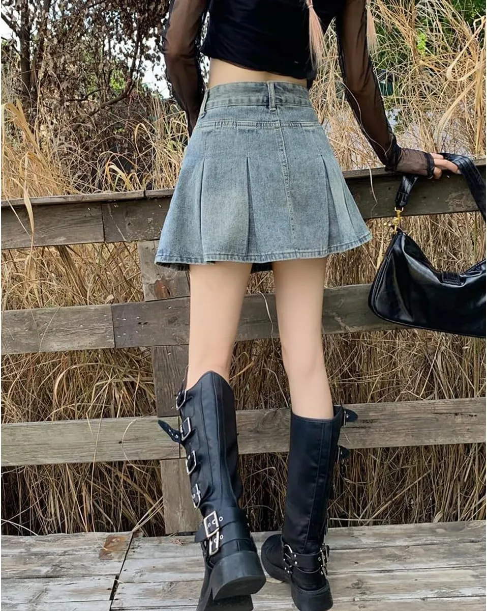 Gothic Denim Short Skirt Spicy Girl high Waisted A-line Pleated Denim Skirt Women's Summer Denim Short Skirt