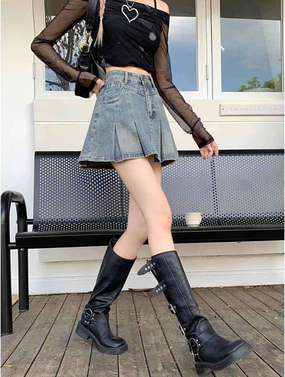 Gothic Denim Short Skirt Spicy Girl high Waisted A-line Pleated Denim Skirt Women's Summer Denim Short Skirt