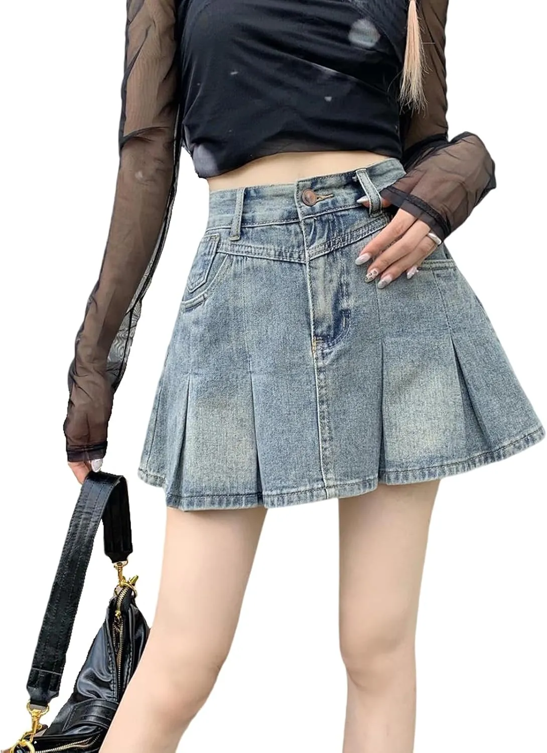Gothic Denim Short Skirt Spicy Girl high Waisted A-line Pleated Denim Skirt Women's Summer Denim Short Skirt