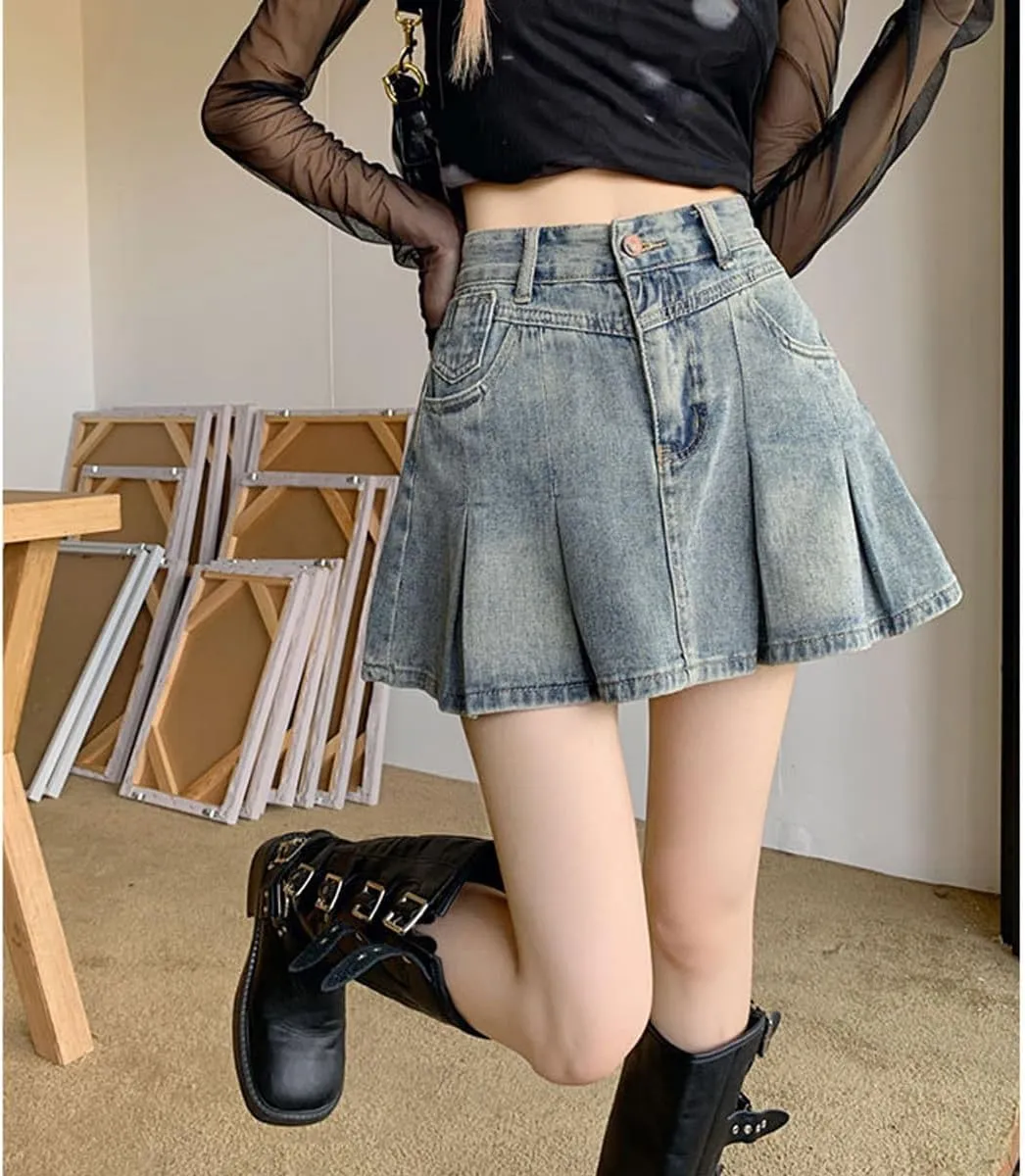 Gothic Denim Short Skirt Spicy Girl high Waisted A-line Pleated Denim Skirt Women's Summer Denim Short Skirt