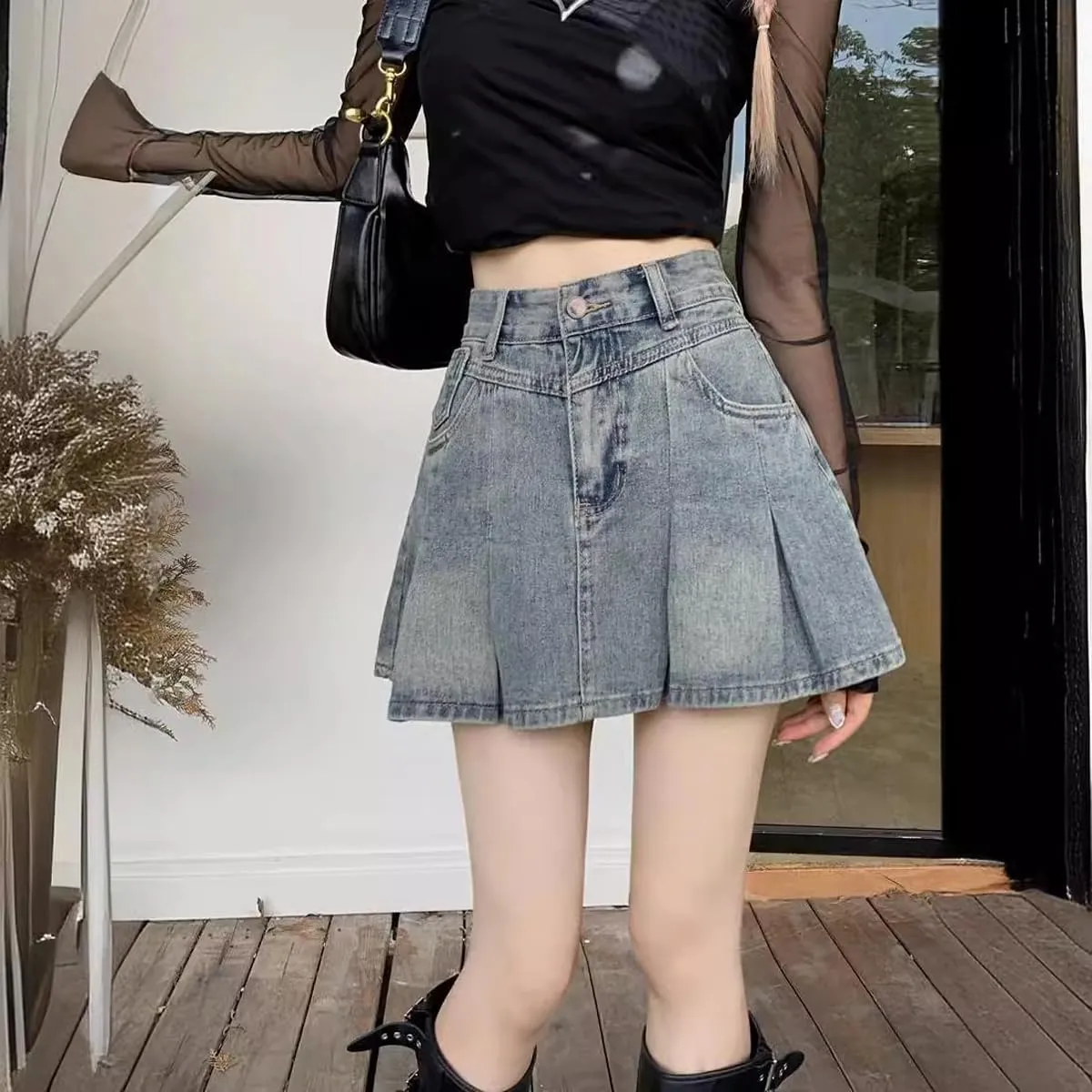 Gothic Denim Short Skirt Spicy Girl high Waisted A-line Pleated Denim Skirt Women's Summer Denim Short Skirt