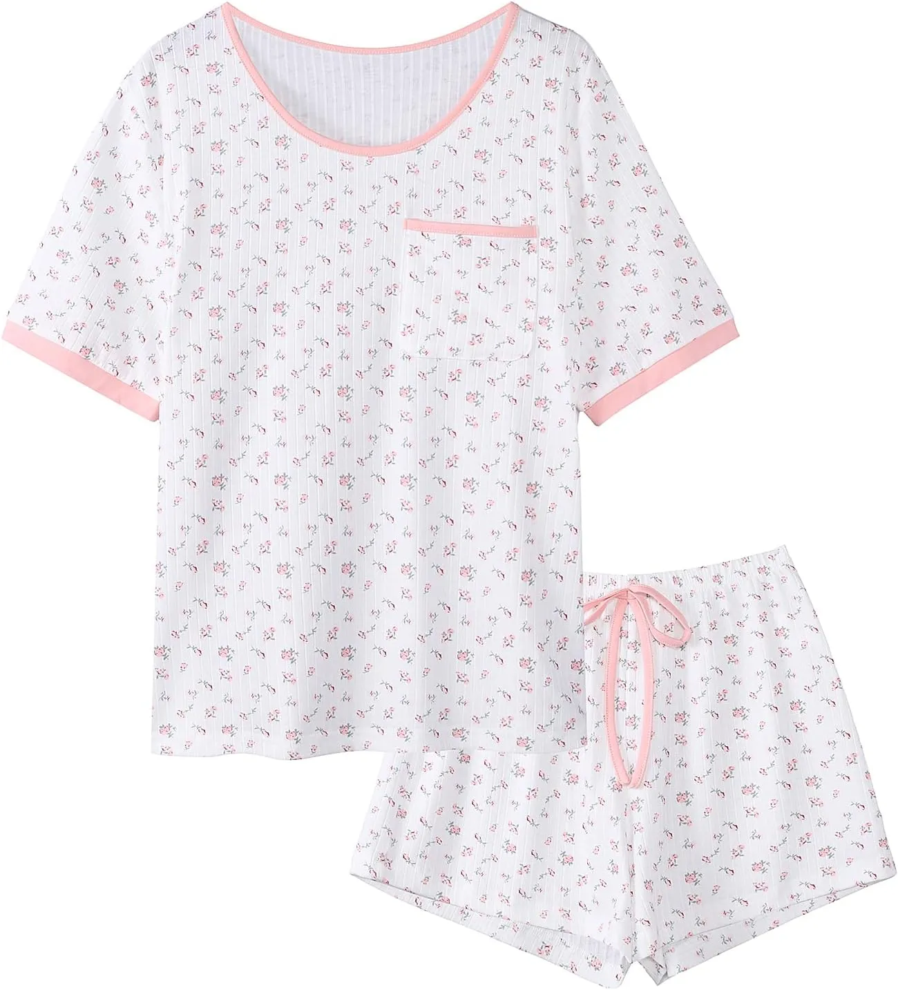 Hilinker Women 2 Piece Cherry Pajama Set Short Sleeve Top with Shorts Ribbed Lounge Sets