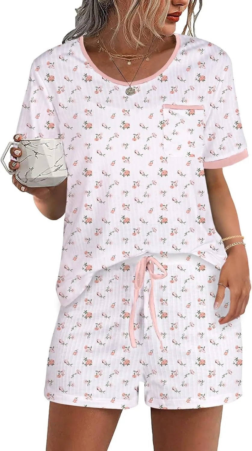 Hilinker Women 2 Piece Cherry Pajama Set Short Sleeve Top with Shorts Ribbed Lounge Sets