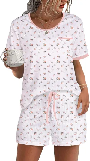 Hilinker Women 2 Piece Cherry Pajama Set Short Sleeve Top with Shorts Ribbed Lounge Sets