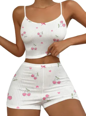 Hilinker Womens Graphic 2 Piece Pajama Set Summer Cute Crop Cami and Shorts Ribbed Lounge Sets