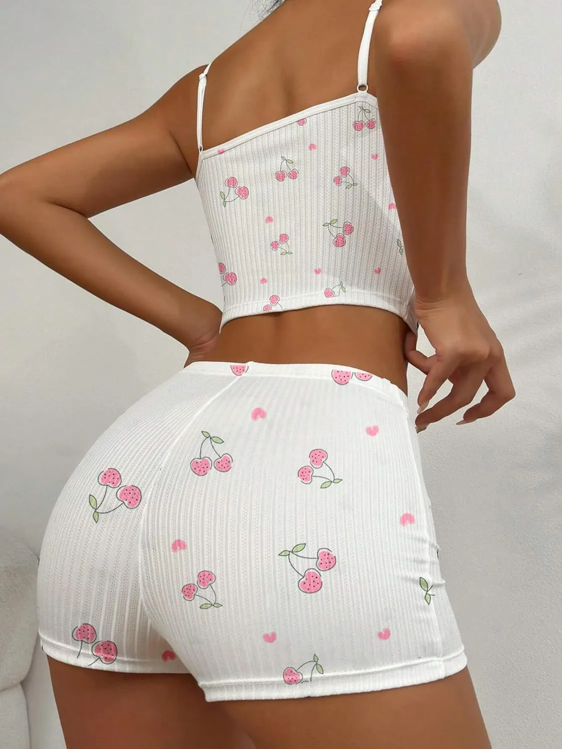 Hilinker Womens Graphic 2 Piece Pajama Set Summer Cute Crop Cami and Shorts Ribbed Lounge Sets