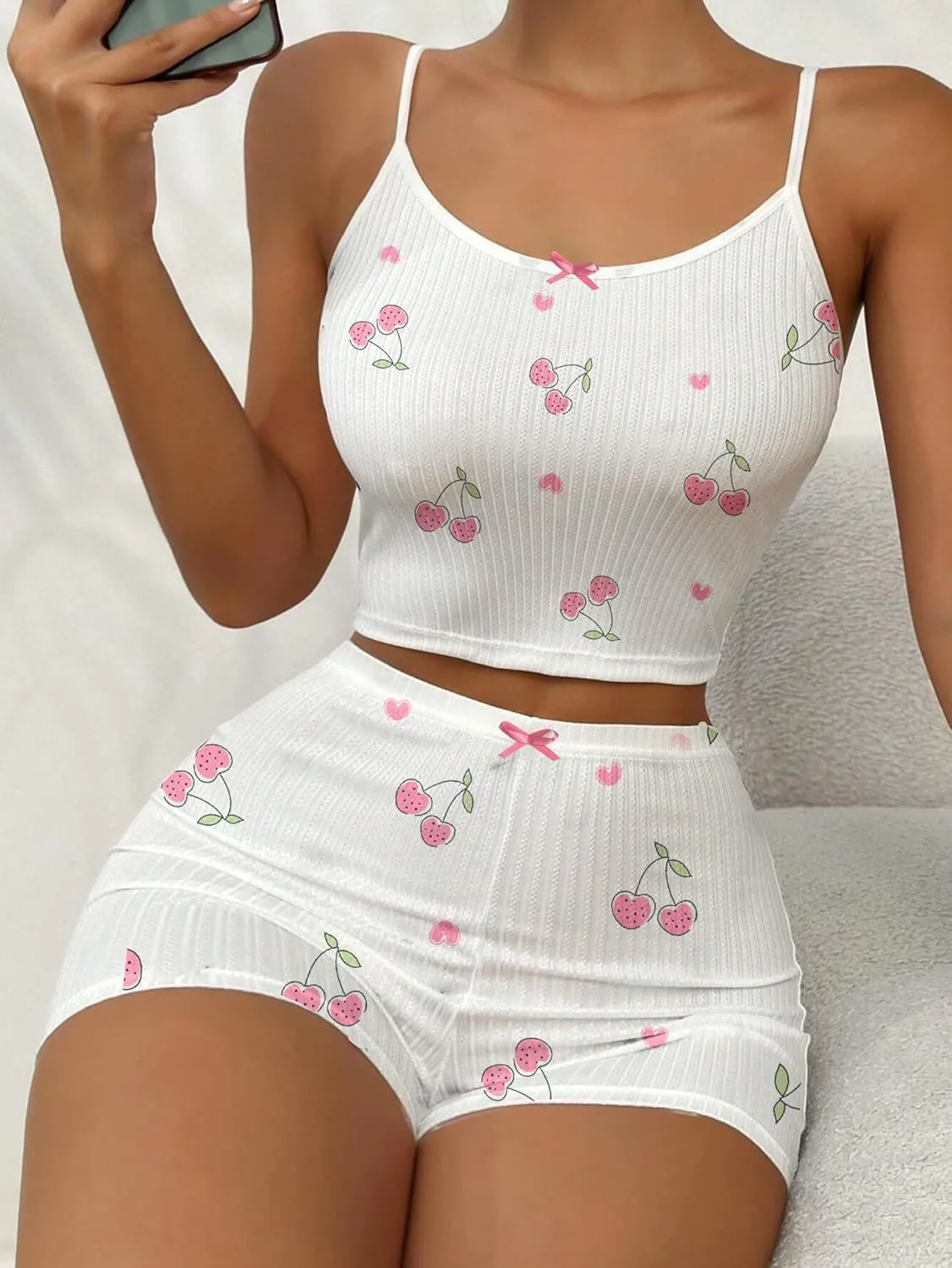 Hilinker Womens Graphic 2 Piece Pajama Set Summer Cute Crop Cami and Shorts Ribbed Lounge Sets