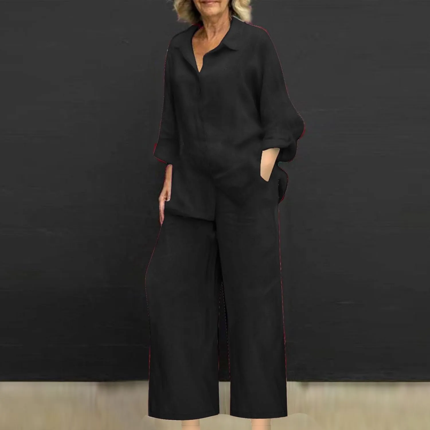 hlysgo Cotton Linen 2 Piece Outfits for Women Casual Loose Fit Long Sleeve Button Down Shirts and Pants Plus Size Set