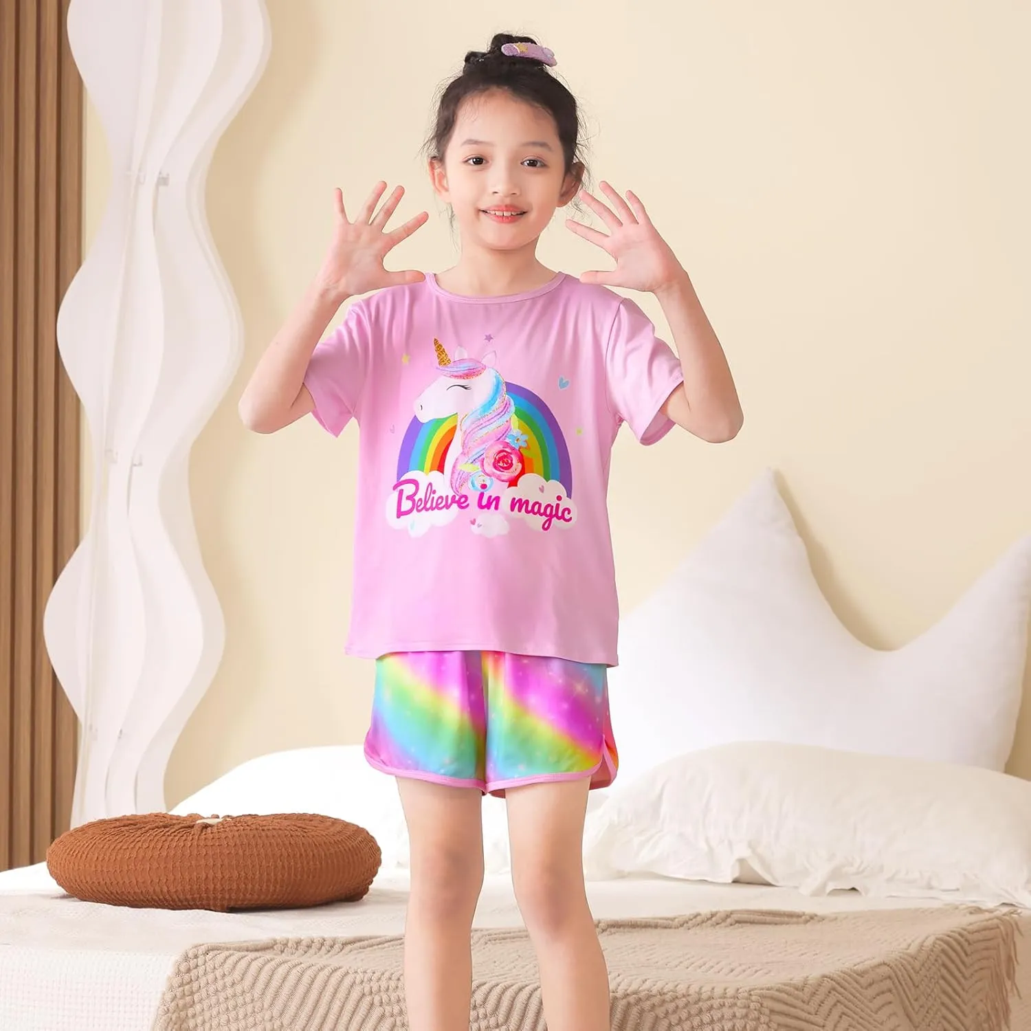 ICOSY Girls Pajamas for Kids Pajamas Toddler Girls 2 PCS Short Sleeve Top and Shorts Clothes