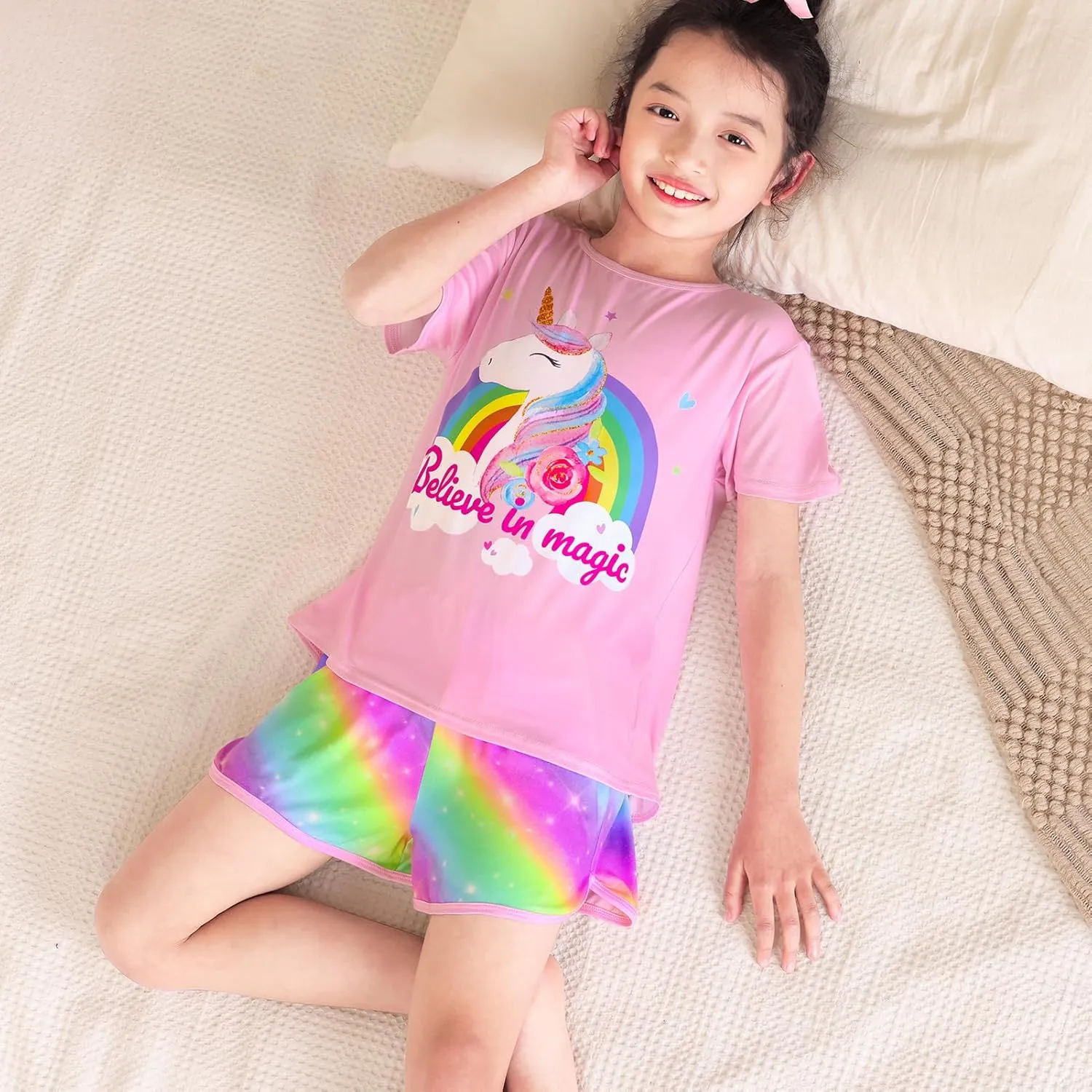 ICOSY Girls Pajamas for Kids Pajamas Toddler Girls 2 PCS Short Sleeve Top and Shorts Clothes