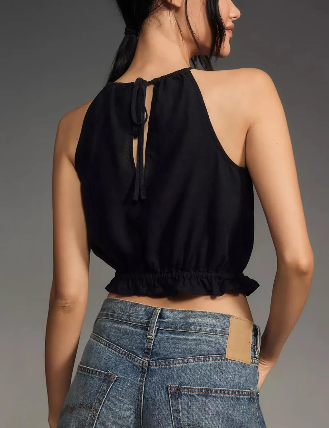 IDEALSANXUN Womens Crop Linen Halter Tops Summer High Neck Tank Tops Sleeveless Shirts
