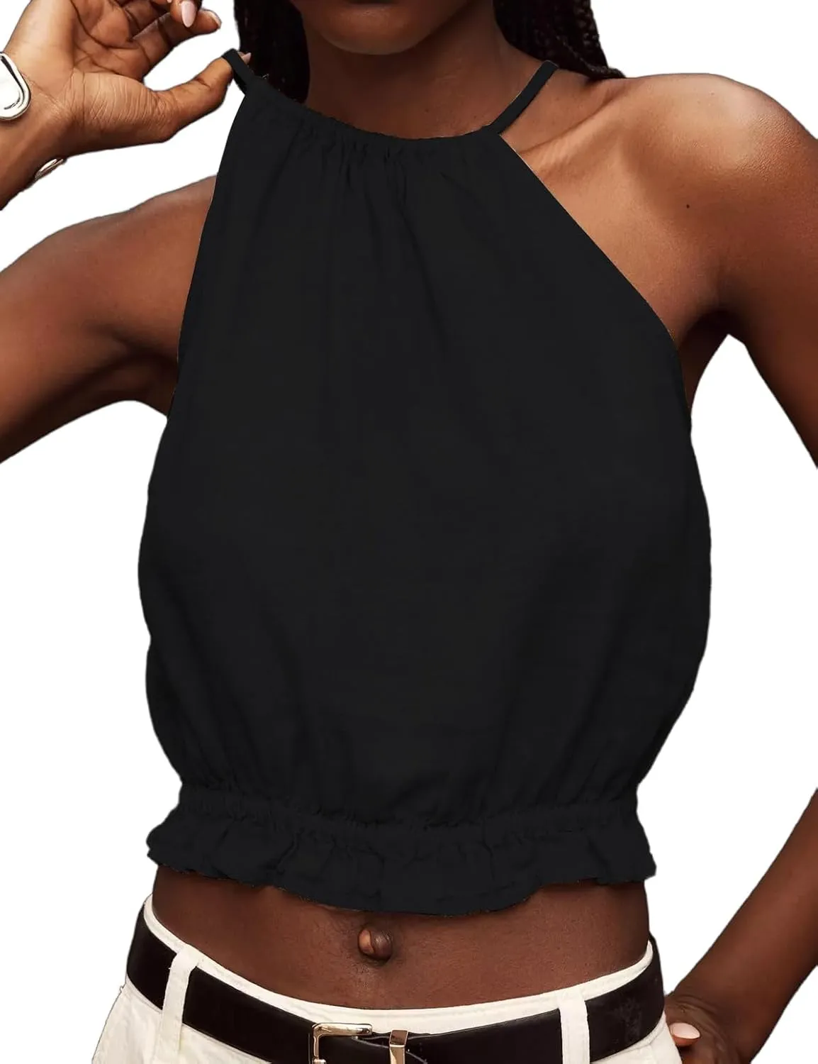IDEALSANXUN Womens Crop Linen Halter Tops Summer High Neck Tank Tops Sleeveless Shirts