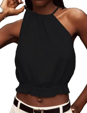 IDEALSANXUN Womens Crop Linen Halter Tops Summer High Neck Tank Tops Sleeveless Shirts