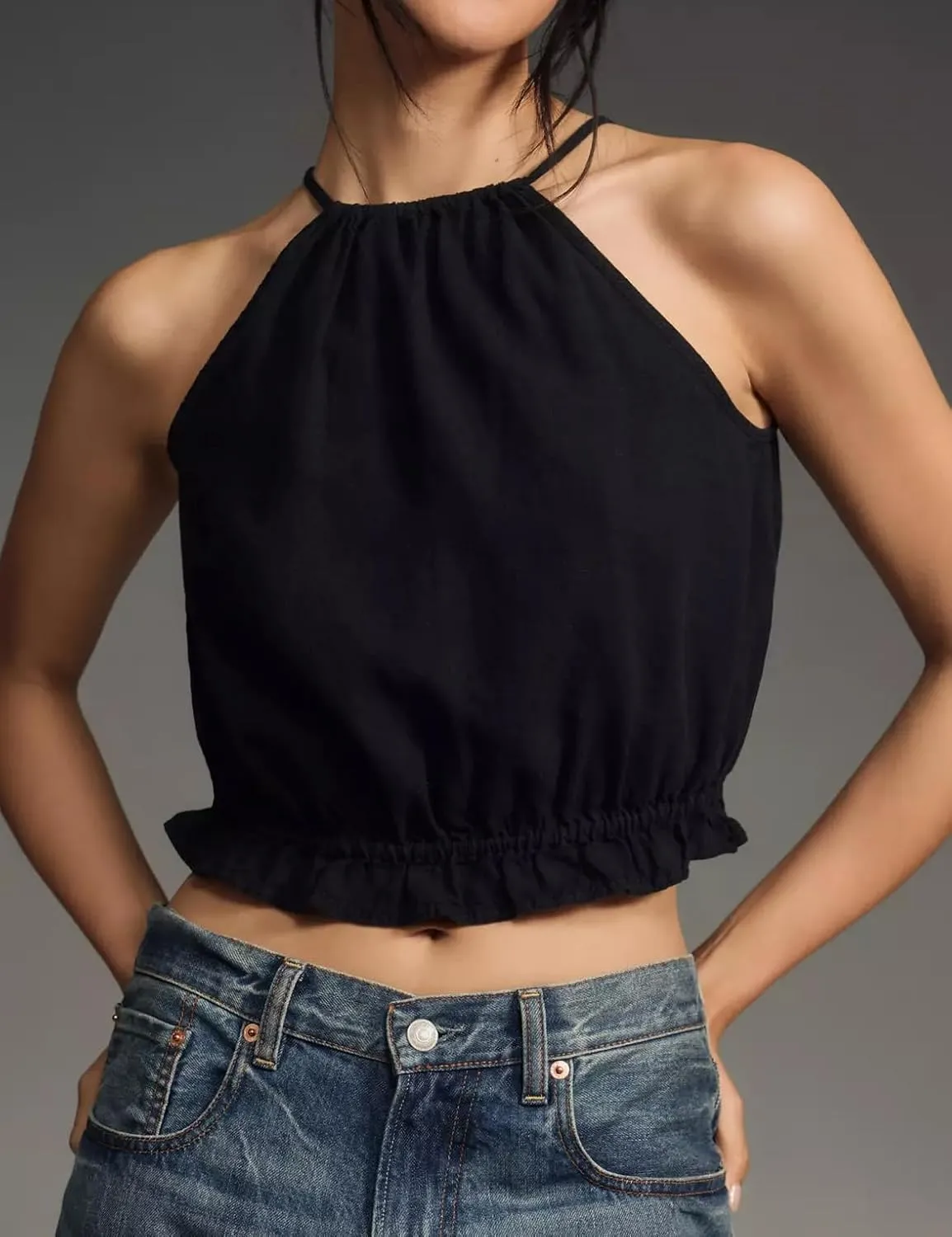 IDEALSANXUN Womens Crop Linen Halter Tops Summer High Neck Tank Tops Sleeveless Shirts