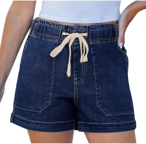 Jean Shorts for Women High Waisted Trendy Patch Pocket Drawstring Casual Summer Stretchy Denim Shorts with Pockets
