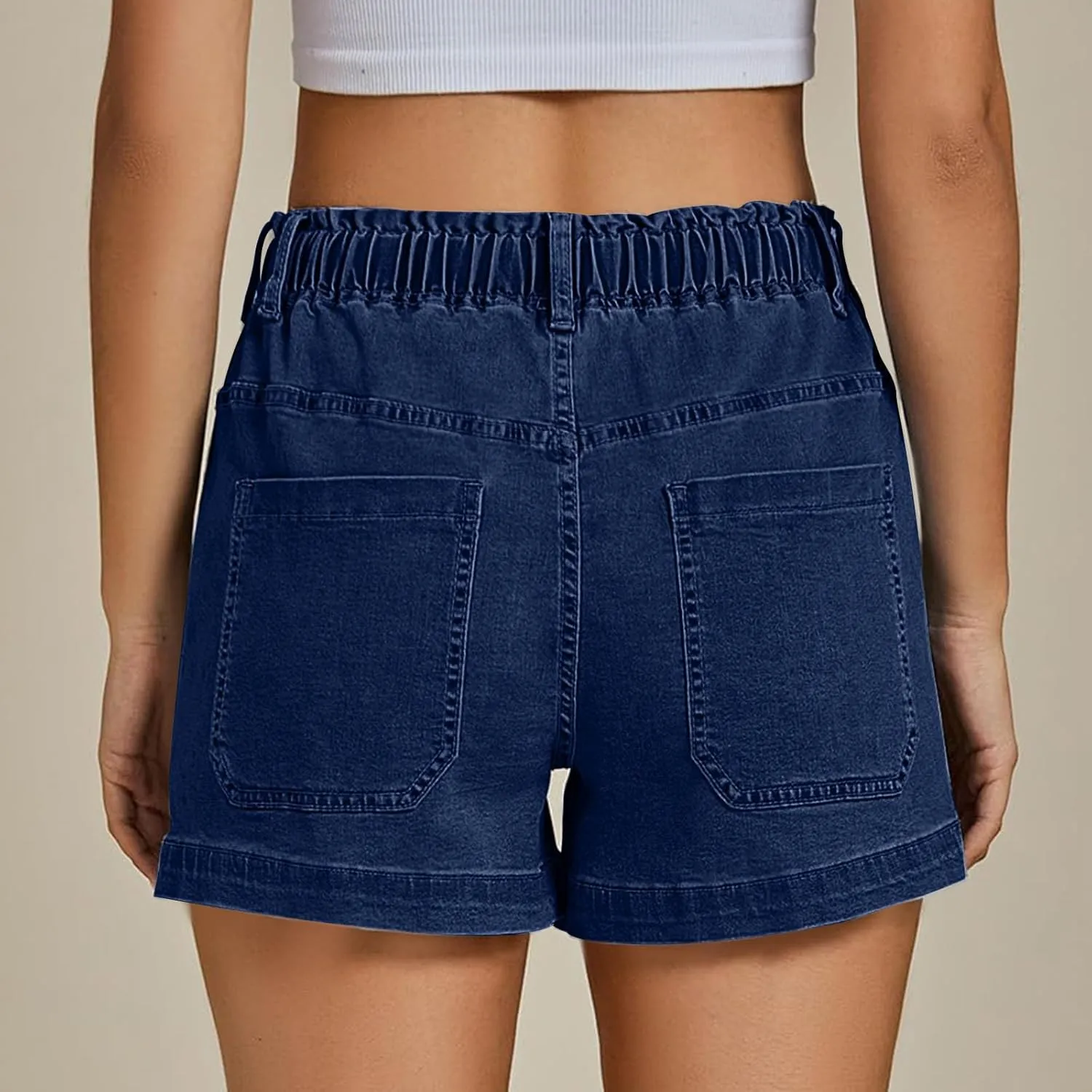 Jean Shorts for Women High Waisted Trendy Patch Pocket Drawstring Casual Summer Stretchy Denim Shorts with Pockets