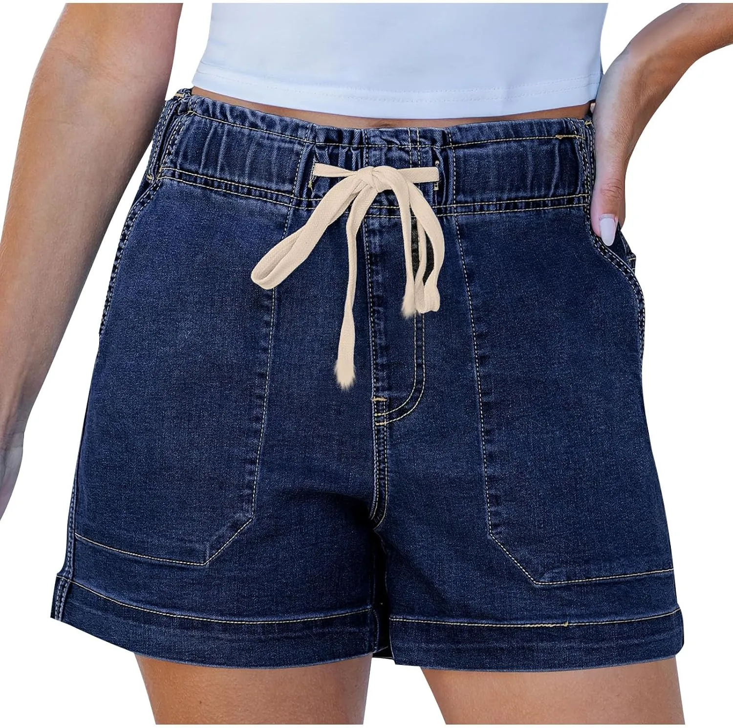 Jean Shorts for Women High Waisted Trendy Patch Pocket Drawstring Casual Summer Stretchy Denim Shorts with Pockets
