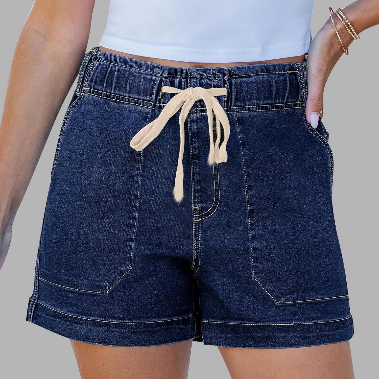 Jean Shorts for Women High Waisted Trendy Patch Pocket Drawstring Casual Summer Stretchy Denim Shorts with Pockets