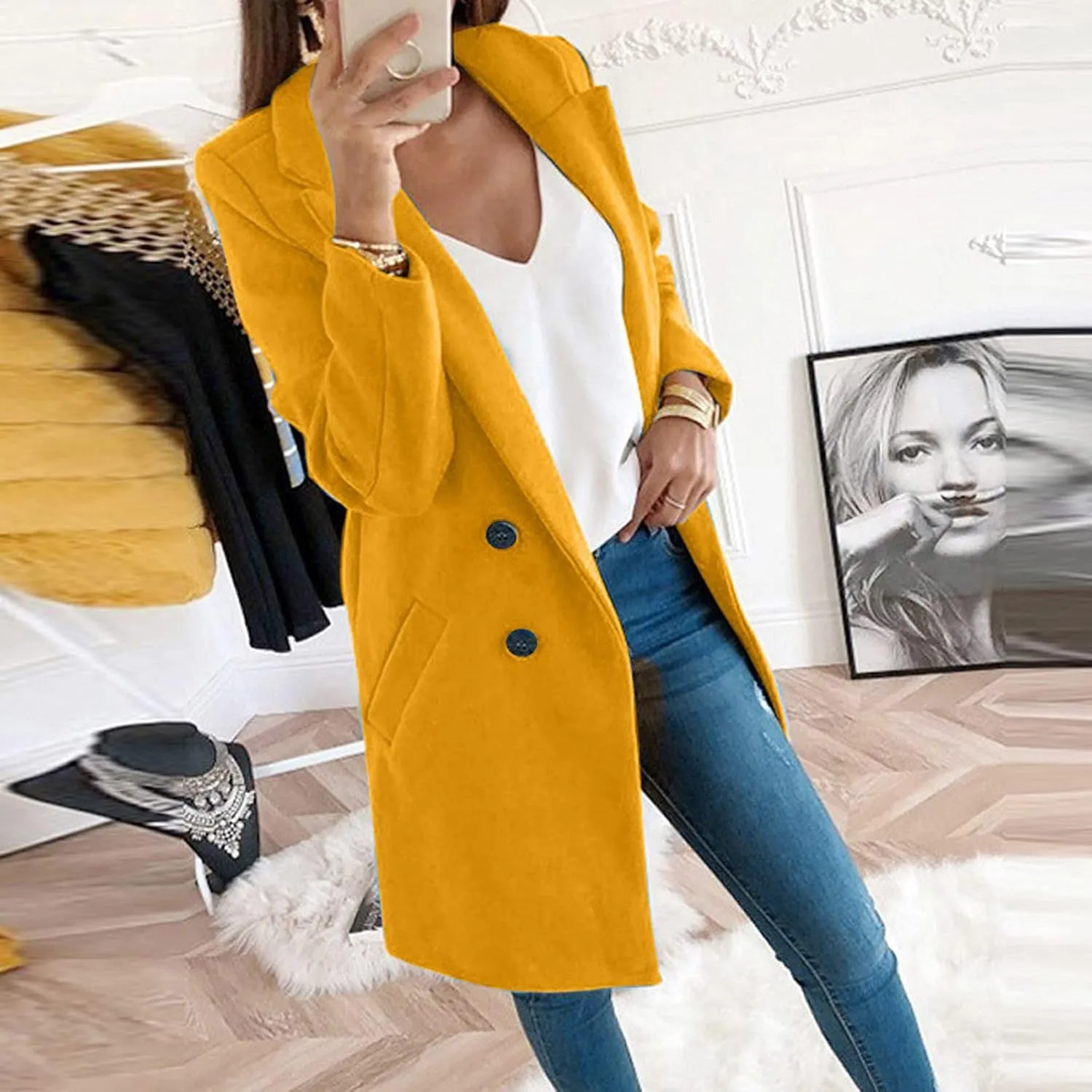 jsaierl Women Pea Coat Winter Mid Long Coat Lapel Double Breasted Peacoat 2024 Fall Plus Size Trench Coat Jackets Outwear
