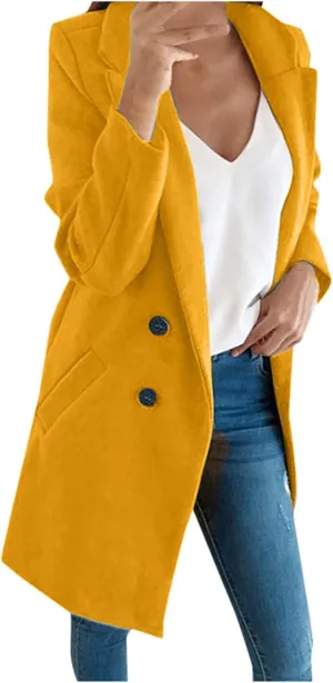 jsaierl Women Pea Coat Winter Mid Long Coat Lapel Double Breasted Peacoat 2024 Fall Plus Size Trench Coat Jackets Outwear