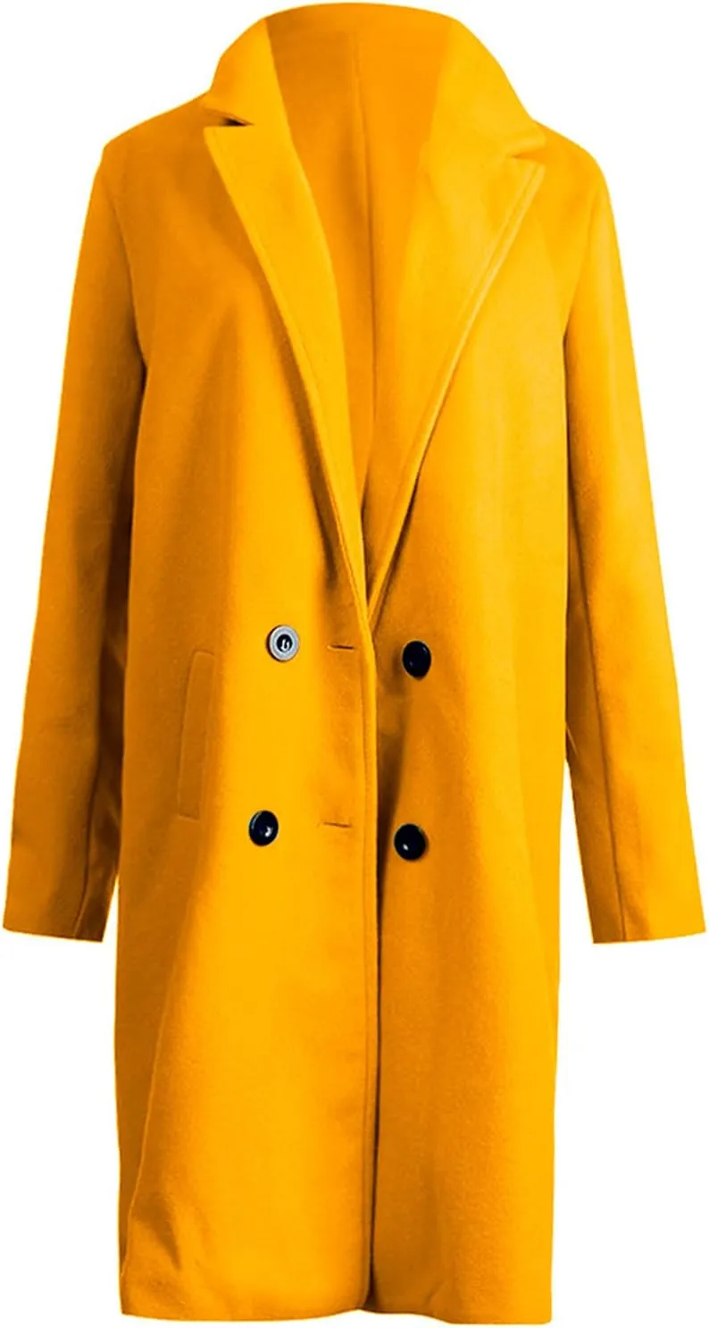 jsaierl Women Pea Coat Winter Mid Long Coat Lapel Double Breasted Peacoat 2024 Fall Plus Size Trench Coat Jackets Outwear