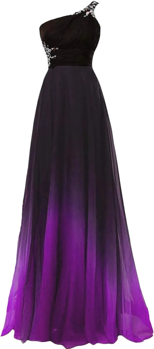 Kivary Sheer Beaded Halter Gradient Ombre Chiffon Long Prom Evening Dresses