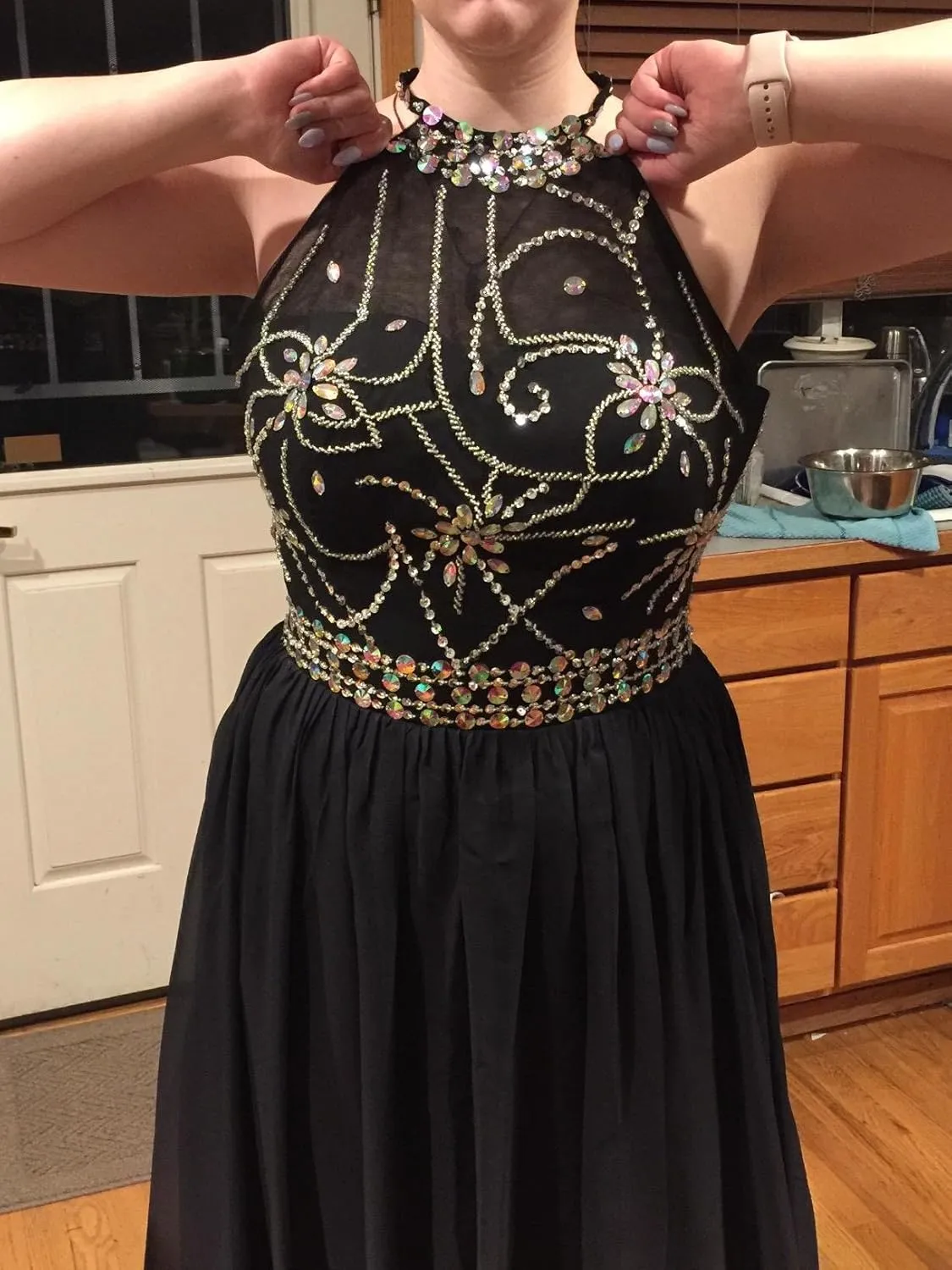 Kivary Sheer Beaded Halter Gradient Ombre Chiffon Long Prom Evening Dresses