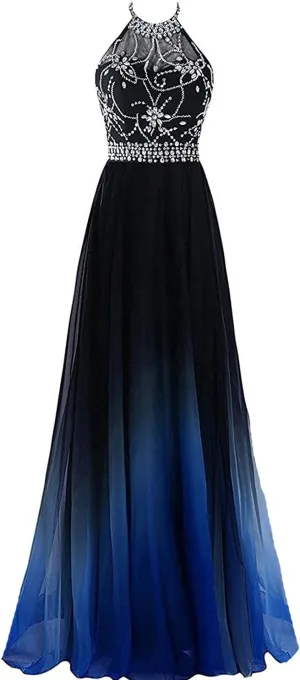 Kivary Sheer Beaded Halter Gradient Ombre Chiffon Long Prom Evening Dresses