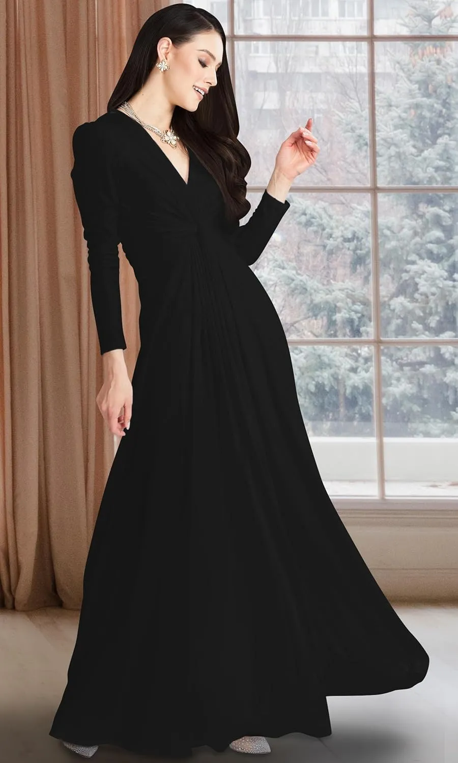KOH KOH Womens Long Sleeve Flowy Formal Evening Elegant Designer Maxi Dress