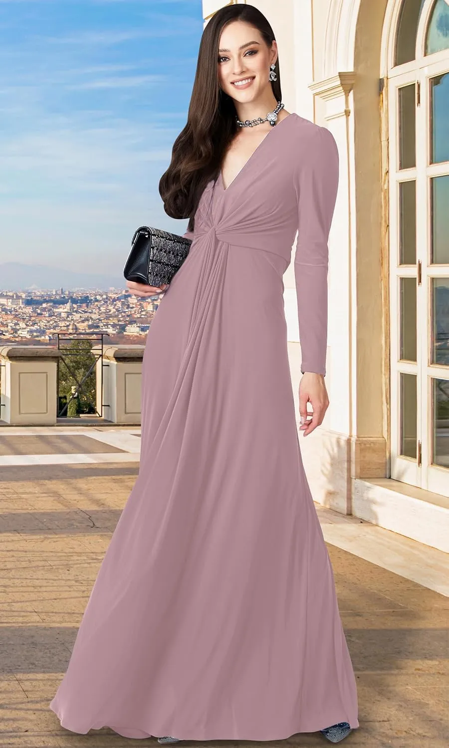KOH KOH Womens Long Sleeve Flowy Formal Evening Elegant Designer Maxi Dress