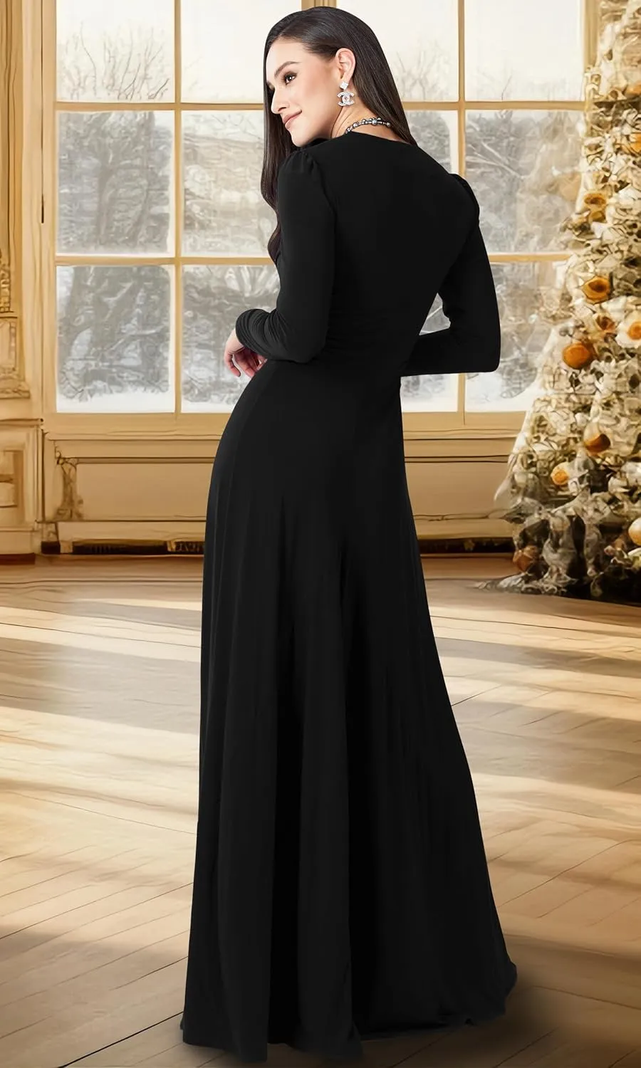 KOH KOH Womens Long Sleeve Flowy Formal Evening Elegant Designer Maxi Dress