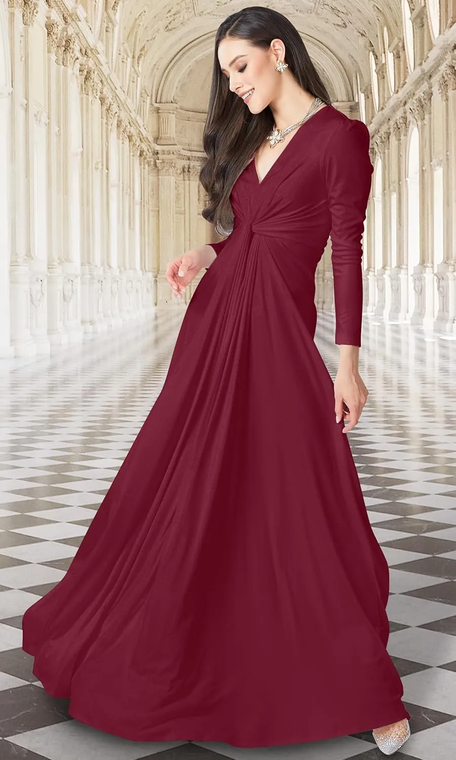 KOH KOH Womens Long Sleeve Flowy Formal Evening Elegant Designer Maxi Dress