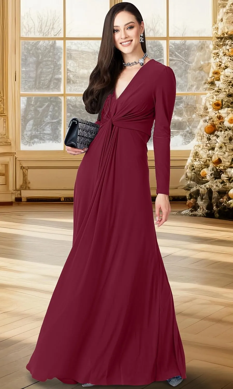 KOH KOH Womens Long Sleeve Flowy Formal Evening Elegant Designer Maxi Dress
