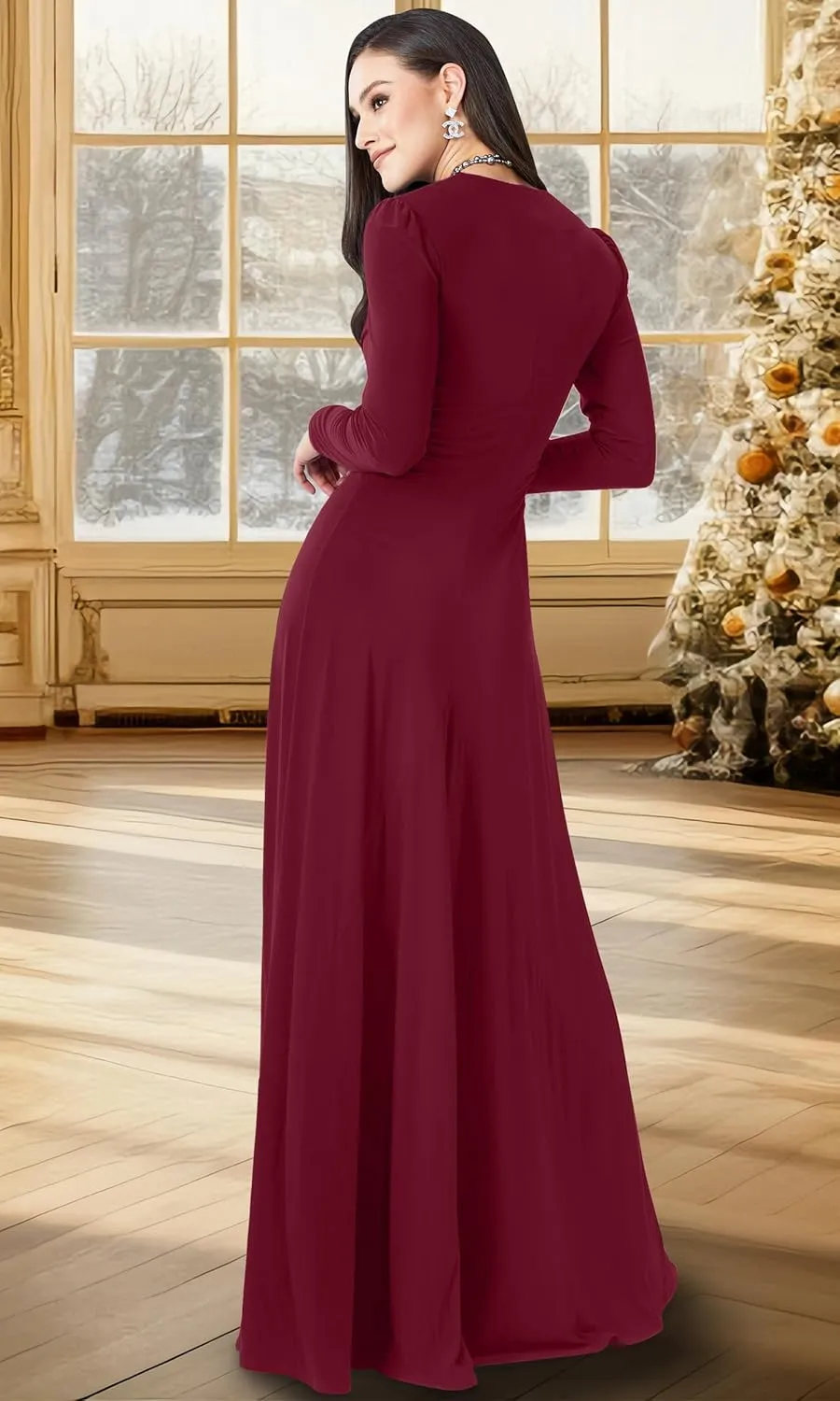 KOH KOH Womens Long Sleeve Flowy Formal Evening Elegant Designer Maxi Dress