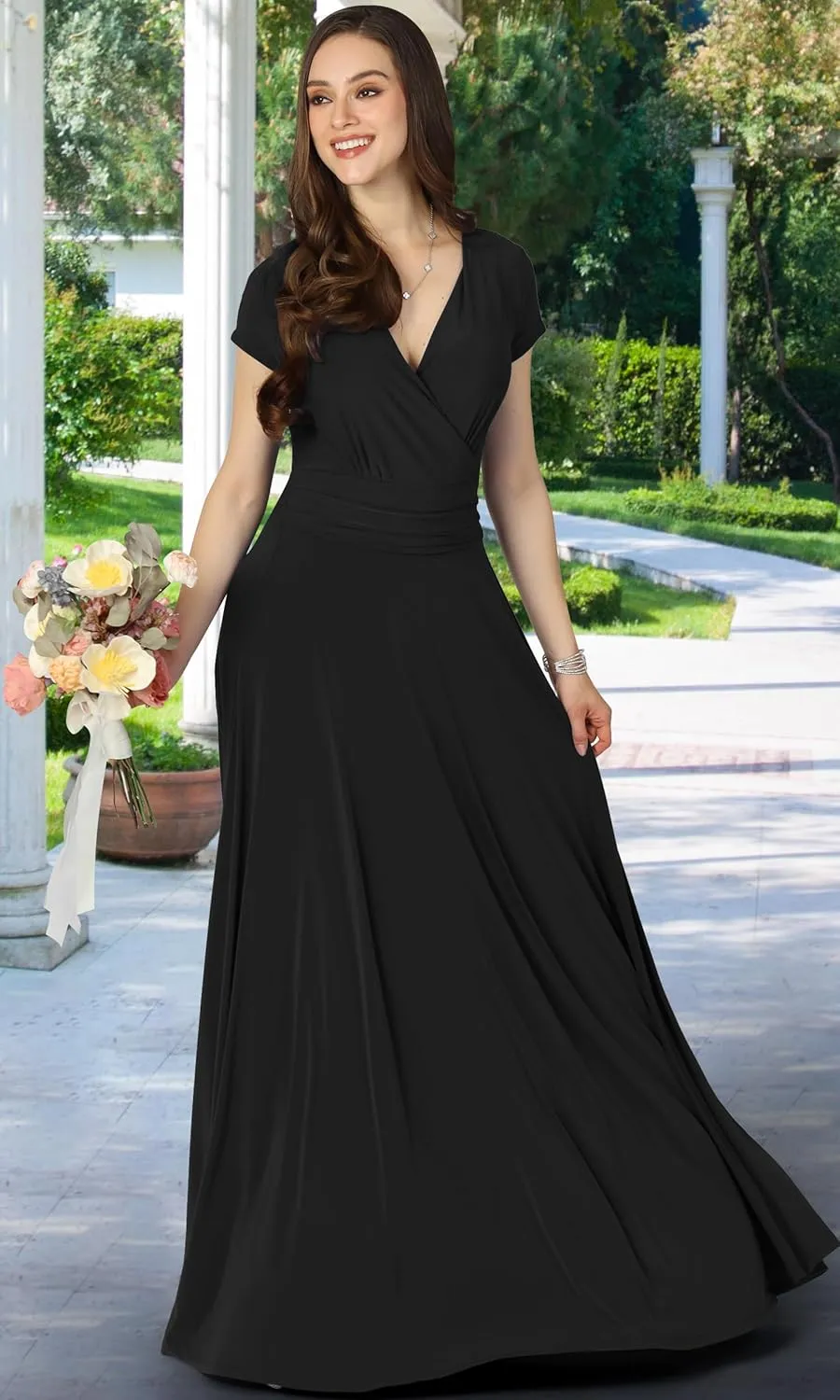 KOH KOH Womens Sexy Cap Short Sleeve V-Neck Flowy Cocktail Gown