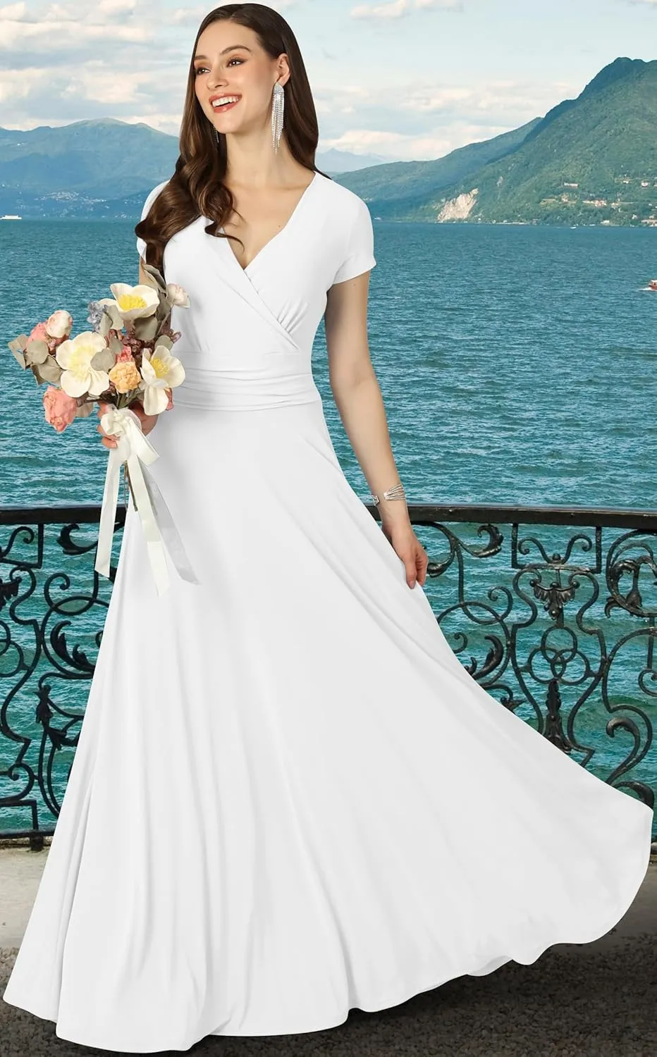 KOH KOH Womens Sexy Cap Short Sleeve V-Neck Flowy Cocktail Gown
