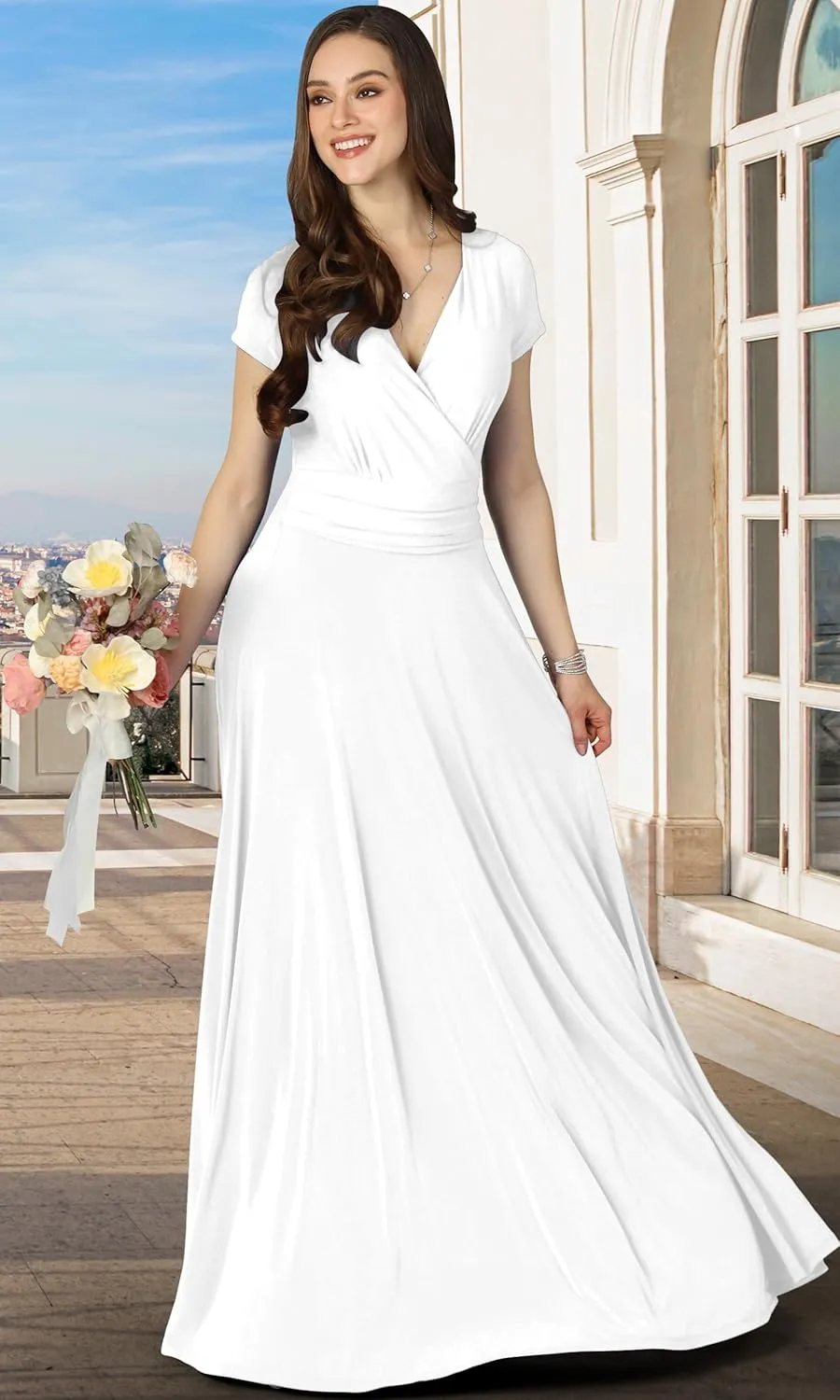 KOH KOH Womens Sexy Cap Short Sleeve V-Neck Flowy Cocktail Gown