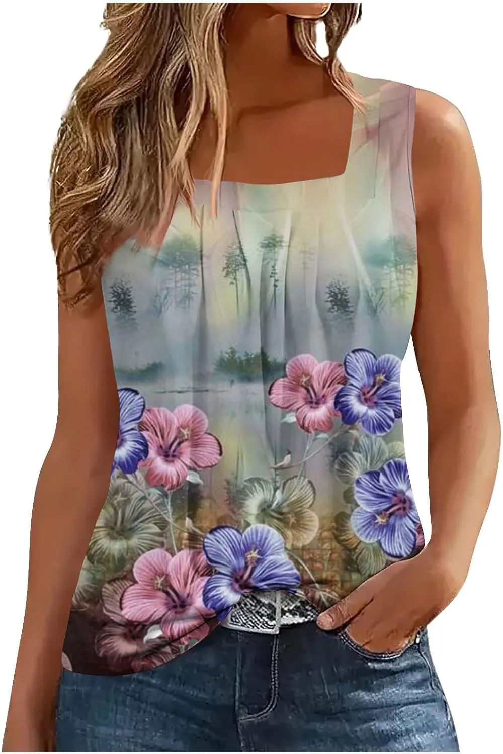 Lastesso Women's Tank Tops Fashion Retro Flower Print Smocked Front Shirts Casual Square Neck Sleeveless Tops Summer Tanks