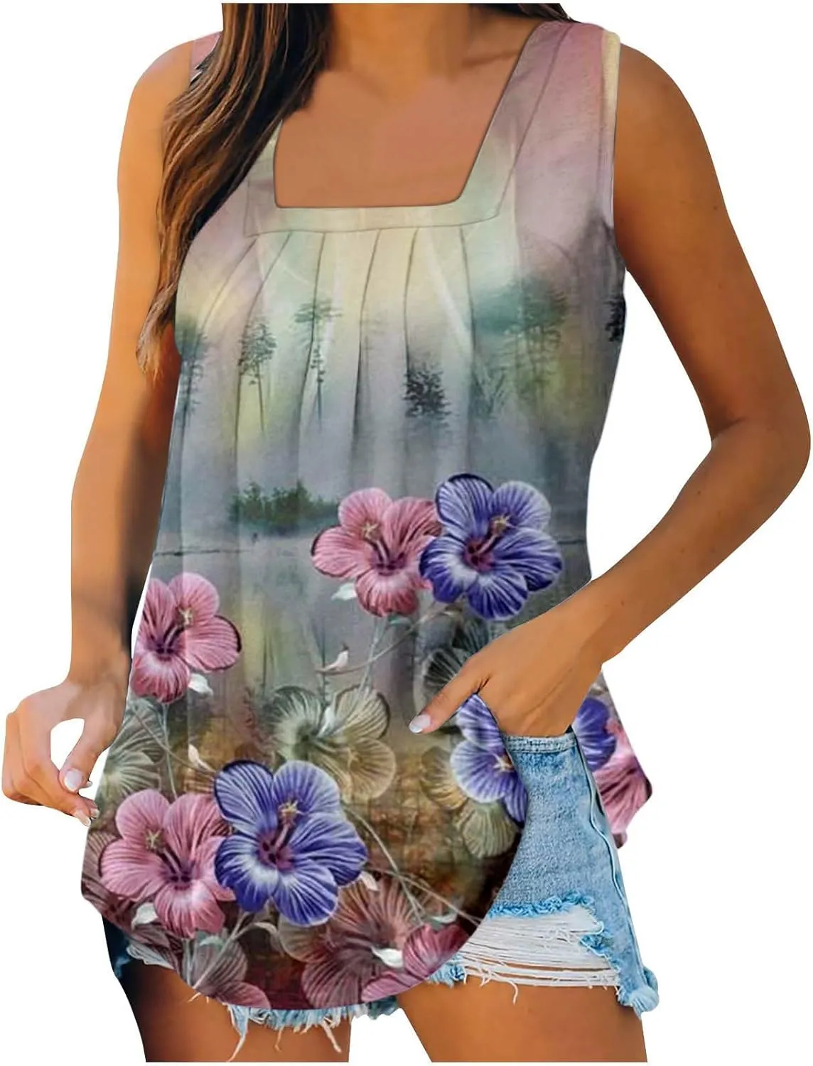 Lastesso Women's Tank Tops Fashion Retro Flower Print Smocked Front Shirts Casual Square Neck Sleeveless Tops Summer Tanks