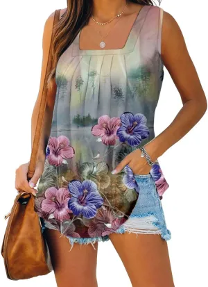 Lastesso Women's Tank Tops Fashion Retro Flower Print Smocked Front Shirts Casual Square Neck Sleeveless Tops Summer Tanks