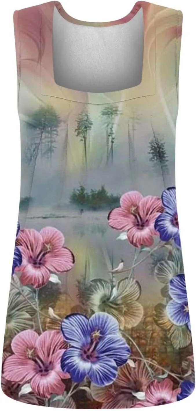 Lastesso Women's Tank Tops Fashion Retro Flower Print Smocked Front Shirts Casual Square Neck Sleeveless Tops Summer Tanks