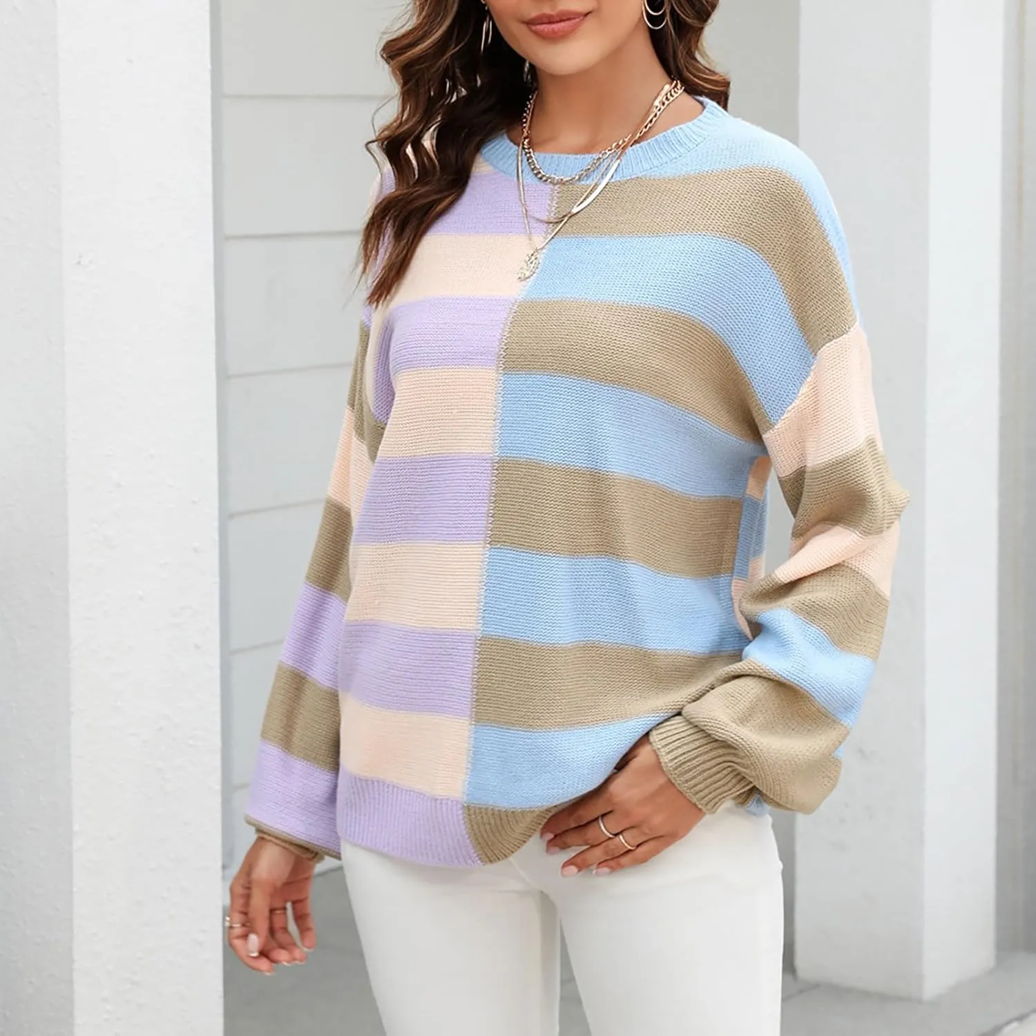 LCMTWX Cardigan Sweaters for Women Contrast Crew Neck Long Sleeve Sweater Pullover Sweater V Neck Pullover Sweater Infant