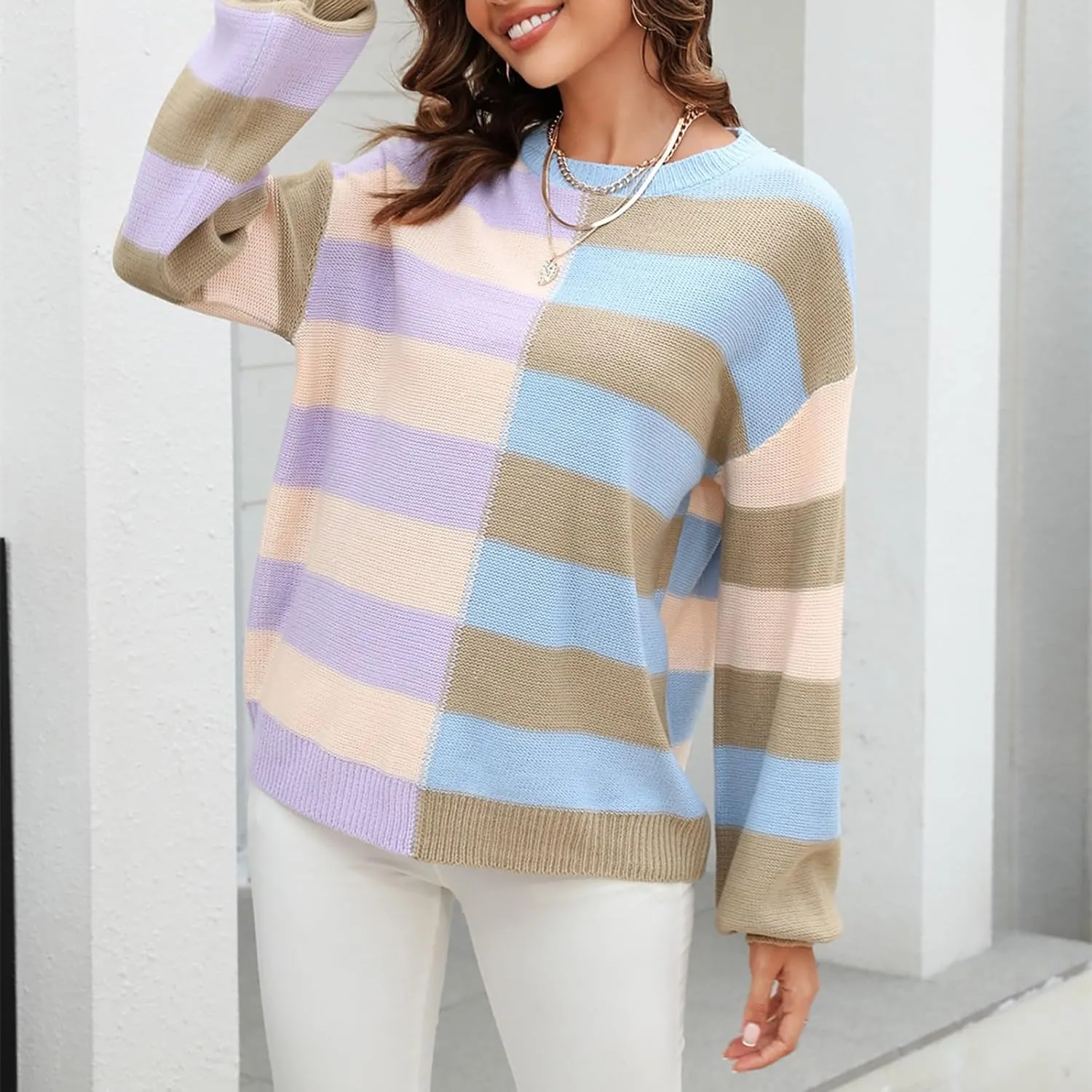 LCMTWX Cardigan Sweaters for Women Contrast Crew Neck Long Sleeve Sweater Pullover Sweater V Neck Pullover Sweater Infant