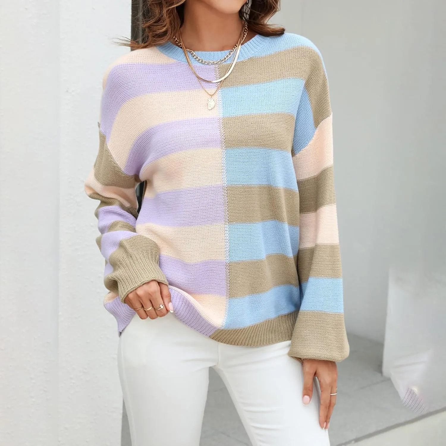 LCMTWX Cardigan Sweaters for Women Contrast Crew Neck Long Sleeve Sweater Pullover Sweater V Neck Pullover Sweater Infant