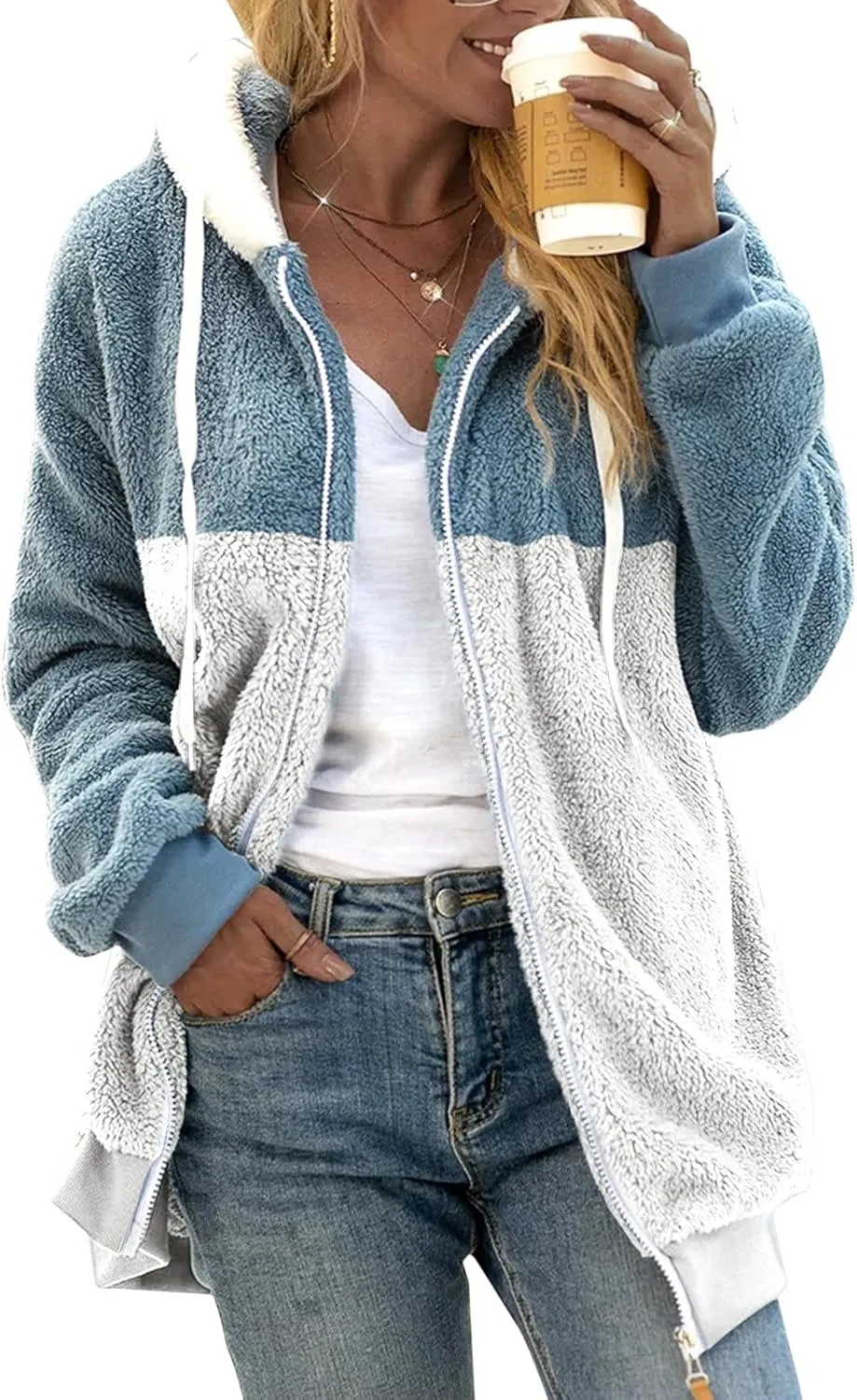 LCMTWX Womens 2023 Winter Fuzzy Fleece Jacket Artificial Wool Zipper Drawstring Solid Oversized Fuzzy Fleece Fluffy Fall