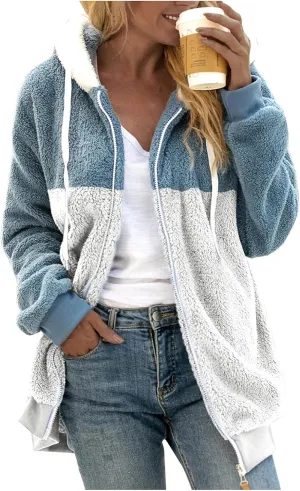 LCMTWX Womens 2023 Winter Fuzzy Fleece Jacket Artificial Wool Zipper Drawstring Solid Oversized Fuzzy Fleece Fluffy Fall