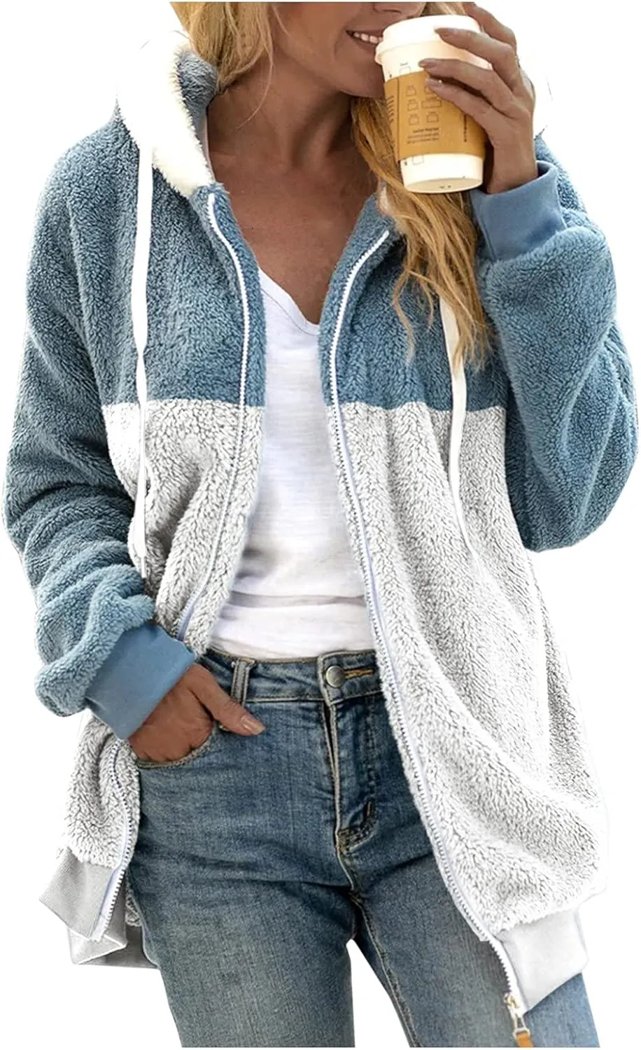 LCMTWX Womens 2023 Winter Fuzzy Fleece Jacket Artificial Wool Zipper Drawstring Solid Oversized Fuzzy Fleece Fluffy Fall