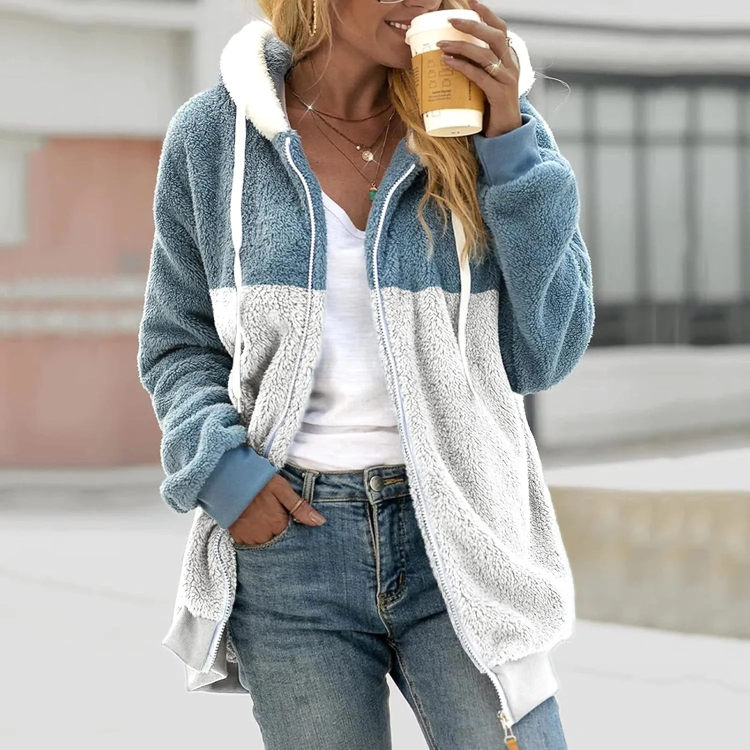 LCMTWX Womens 2023 Winter Fuzzy Fleece Jacket Artificial Wool Zipper Drawstring Solid Oversized Fuzzy Fleece Fluffy Fall